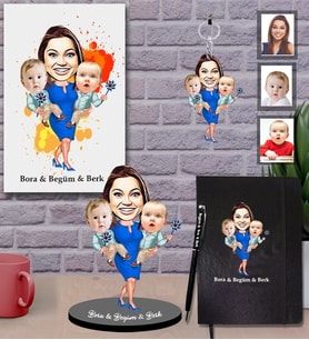 Kişiye Özel Aile Karikatürlü 5 li Hediye Seti  Mod-3