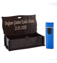 Kişiye Özel Şarjlı Çakmak Ahşap Kutulu (Mavi)