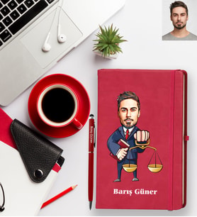 Kişiye Özel Avukat Karikatürlü Kırmızı Defter Kalem Hediye Seti Bay-3