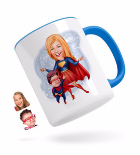BK Gift Kişiye Özel Süper Anne ve Çocuk Karikatürlü Mavi Kupa Bardak