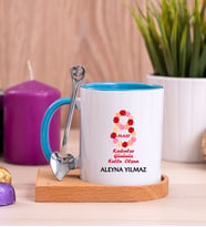 Kadınlar Günü Hediyesi  Ahşap Altlıklı Mavi Kupa Bardak