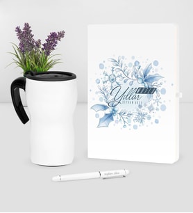 BK Gift Kişiye Özel Yılbaşı Mutlu Yıllar Temalı Beyaz Defter Kalem Termos Mug Seti - 12