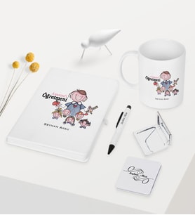 BK Gift Kişiye Özel Anasınıfı Öğretmeni Temalı Beyaz Defter Kalem Kupa Ayna Seti - 2
