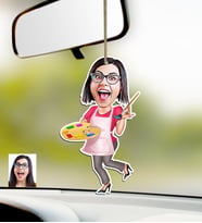 BK Gift Kişiye Özel Bayan Ressam Karikatürlü Ahşap Araba Dikiz Ayna Süsü (Çok Renkli)