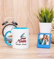 Genel Müdür Mavi Kupa Bardak ve Mavi Mini Fotoğraf Çerçevesi