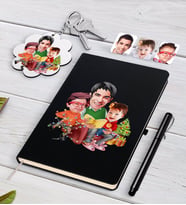 BK Gift Kişiye Özel Yeni Yıl Aile Karikatürlü Siyah Defter Kalem ve Anahtarlık Hediye Seti-1 (Model 1)