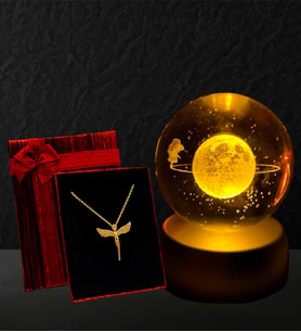 3D Satürnlü Kız Işıklı Cam Küre & Gold Kaplama Melek Kolye Hediye Seti