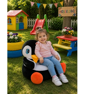 Özgüner Oyuncak Penguen Pelüş Bebek Çocuk Koltuğu (%100 Yerli) (Beyaz - Siyah - Turuncu)