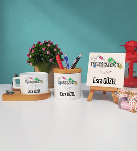 Bankacı Kişiye Özel Tasarımlı Bankacı Ahşap Altlıklı Fincan Kalemlik ve Dekoratif Taş Baskı Seti