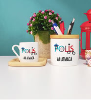 Polis Ahşap Altlıklı Türk Kahvesi Fincanı ve Kalemlik Seti