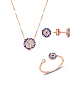 Söğütlü Silver Gümüş rose  nazar modeli üçlü set