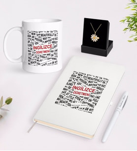 BK Gift Kişiye Özel İngilizce Öğretmeni Beyaz Kupa Defter Kalem ve İsimli Papatya Kolye Hediye Seti-3 (Model 1)