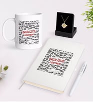BK Gift Kişiye Özel İngilizce Öğretmeni Beyaz Kupa Defter Kalem ve İsimli Papatya Kolye Hediye Seti-3 (Model 1)