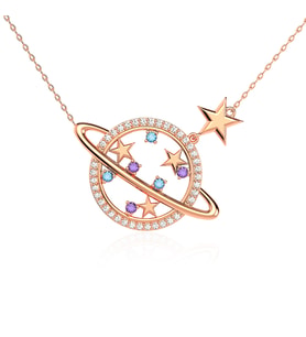 Ametist Aqua Taşlı Gezegen Rose Gümüş Kolye