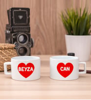İsim Yazılı Kırmızı Kalpli İkili Fincan