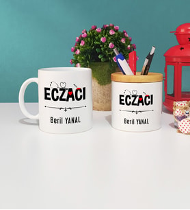 Eczacı Tasarımlı Kişiye Özel Hediye Eczacı Kupa Bardak ve Kalemlik Seti