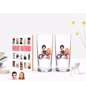 BK Gift Kişiye Özel Renkli Baskılı Sevgililer Karikatürlü İkili Rakı Bardağı ve Rakı Cep Kitabı Hediye Seti-12 (Model 1)