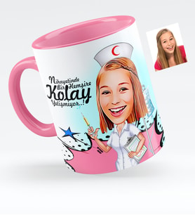 BK Gift Kişiye Özel Hemşire Karikatürlü Pembe Kupa Bardak  2