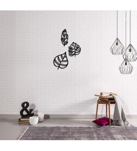 CajuArt Dekoratif Üçlü Ahşap Yaprak Modern Duvar Süsü Ahşap Tablo (Siyah)