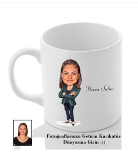 Kişiye Özel İsimli Bayan Fotoğraflı Karikatür Beyaz Kupa