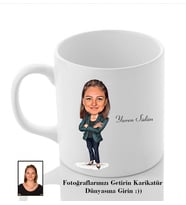 Kişiye Özel İsimli Bayan Fotoğraflı Karikatür Beyaz Kupa