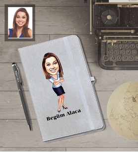 Kişiye Özel Öğretmen Karikatürlü Gri Defter Kalem Hediye Seti  Bayan-5