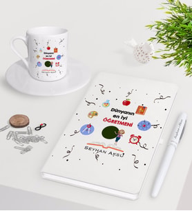 BK Gift Kişiye Özel Dünyanın En İyi Öğretmeni Beyaz Defter Kalem Türk Kahvesi Fincanı Seti-24 (Model 1)