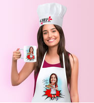 BK Gift Kişiye Özel Chef Anne Karikatürlü Mutfak Önlüğü Aşçı Şapkası ve Kupa Seti - 2 (Beyaz)