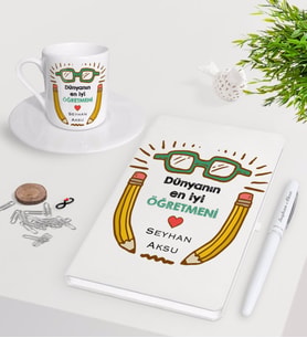 BK Gift Kişiye Özel Dünyanın En İyi Öğretmeni Beyaz Defter Kalem Türk Kahvesi Fincanı Seti-22 (Model 1)