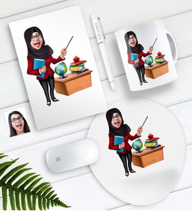 BK Gift Kişiye Özel Bayan Öğretmen Karikatürlü Defter Kalem Kupa Mouse Pad Seti-7 (Model 1)