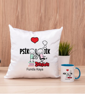 Psikolojik Danışman Kare Yastık ve Mavi Kupa Bardak