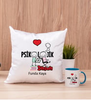Psikolojik Danışman Kare Yastık ve Mavi Kupa Bardak