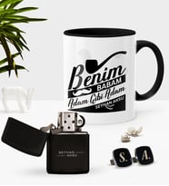 BK Gift Kişiye Özel Benim Babam Adam Gibi Adam Siyah Kupa Çakmak Kol Düğmesi Seti (Model 1)