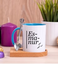 İsme Özel Heceli Ahşap Altlıklı Mavi Kupa Bardak