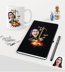 BK Gift Kişiye Özel Bayan Avukat Karikatürlü Siyah Defter Kalem Kupa Seti - 4 (Model 1)