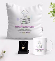 BK Gift Kişiye Özel Felsefe Öğretmeni Beyaz Kupa Yastık ve İsimli Papatya Kolye Hediye Seti-2 (Model 1)