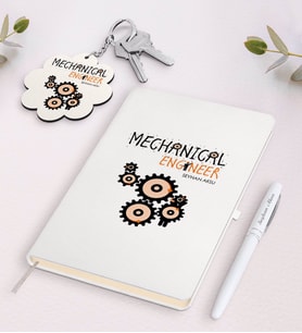 BK Gift Kişiye Özel Makine Mühendisi Beyaz Defter Kalem ve Anahtarlık Hediye Seti (Model 1)