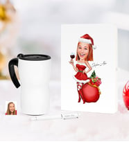 BK Gift Kişiye Özel Yılbaşı Bayan Karikatürlü Beyaz Defter Kalem Termos Mug Seti - 1