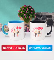 İkili Sevgiliye Sevgililer Günü Hediyesi 4 Kupa Bardak Mavi Siyah