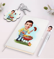 BK Gift Kişiye Özel Erkek Mangalcı Karikatürlü Beyaz Defter Kalem ve Anahtarlık Hediye Seti-1 (Model 1)