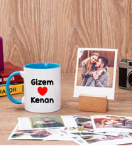 Sevgililere Özel İsim Yazılı Mavi Kupa Bardak ve Ahşap Standlı Polaroid Set