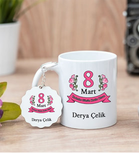 Kadınlar Günü Hediyesi Beyaz Kupa Bardak Ve Anahtarlık Set