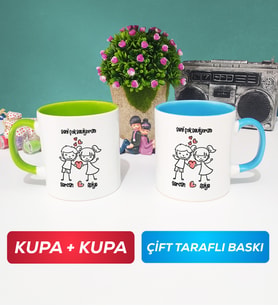 İkili Kişiye Özel Sevgililer Günü Hediyesi Kupa Bardak Yeşil Mavi