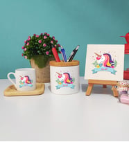Unicorn Tasarımlı İsme Özel Unicorn Ahşap Altlıklı Türk Kahvesi Fincanı Kalemlik Dekoratif Taş Baskı Seti