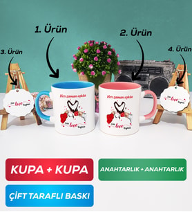 İkili Mavi Pembe Sevgiliye Sevgililer Günü Hediyesi 10 Kupa Bardak Anahtarlık