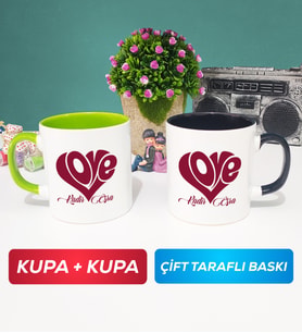 İkili Love Tasarımlı Sevgililer Günü Hediyesi Kupa Bardak Yeşil Siyah