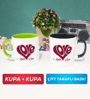 İkili Love Tasarımlı Sevgililer Günü Hediyesi Kupa Bardak Yeşil Siyah
