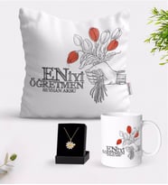 BK Gift Kişiye Özel En İyi Öğretmen Beyaz Kupa Yastık ve İsimli Papatya Kolye Hediye Seti-7 (Model 1)