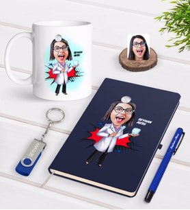 BK Gift Kişiye Özel Kadın Diş Hekimi Karikatürlü Lacivert Defter Kalem Kupa 32gb USB Bellek Hediye Seti-3 (Model 1)