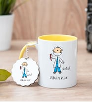 Erkek Diş Hekimi Karikatürü Sarı Kupa Bardak Ve Anahtarlık Set
